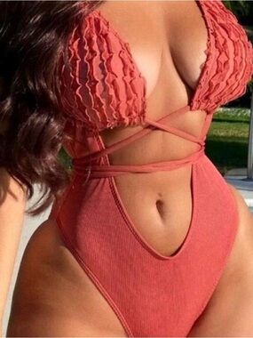 SHEIN Rust Ribbed One-Piece with Ruffle Cups sz M